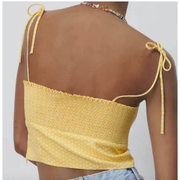Zara Crop Top Womens Medium Yellow White Polka Dot Smocked Tie Strap Summer Cute - Picture 3 of 8